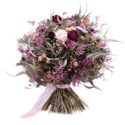 Irigo sušená kytice bordó trsové růže a preparované růžové růže