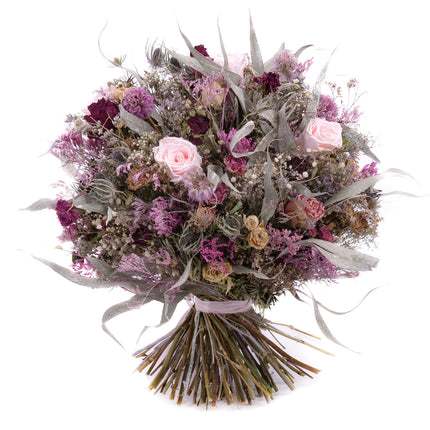 Irigo sušená kytice bordó trsové růže a preparované růžové růže