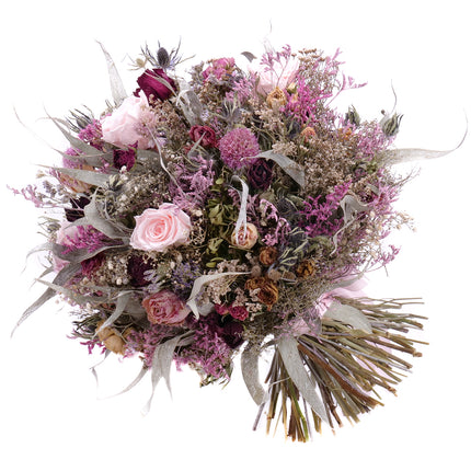 Irigo sušená kytice bordó trsové růže a preparované růžové růže