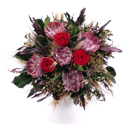 Irigo sušená kytice preparované červené růže Monalisa a peří