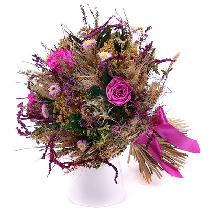 Irigo sušená kytice preparované cyklamenové růže a slaměnky