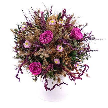 Irigo sušená kytice preparované cyklamenové růže a slaměnky