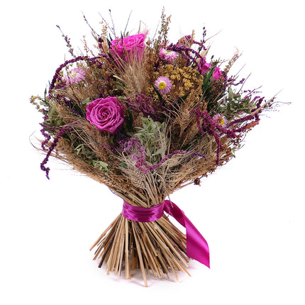 Irigo sušená kytice preparované cyklamenové růže a slaměnky