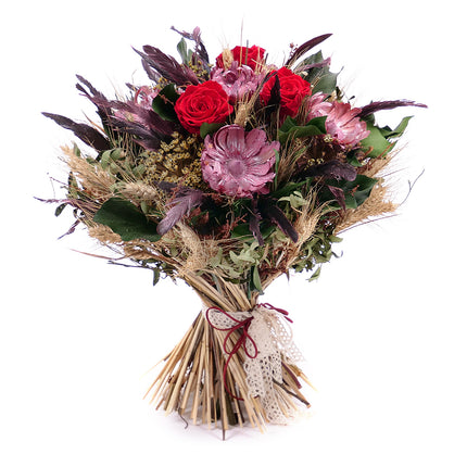 Irigo sušená kytice preparované červené růže Monalisa a peří