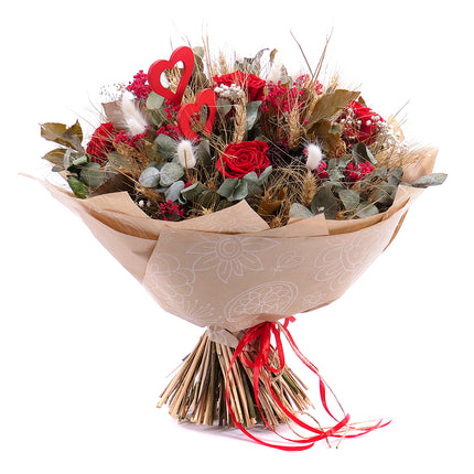 Irigo sušená kytice preparované růže Monalisa red srdíčka