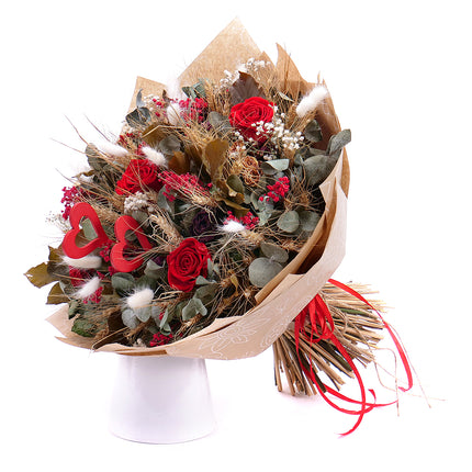 Irigo sušená kytice preparované růže Monalisa red srdíčka