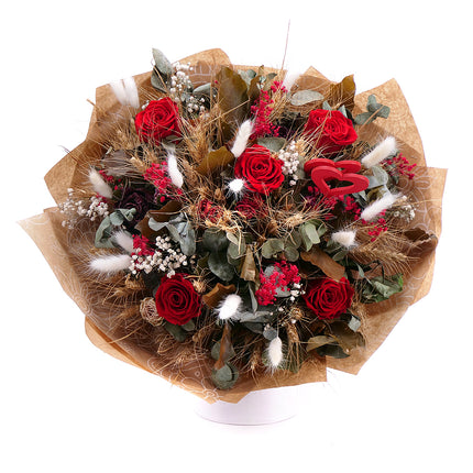 Irigo sušená kytice preparované růže Monalisa red srdíčka