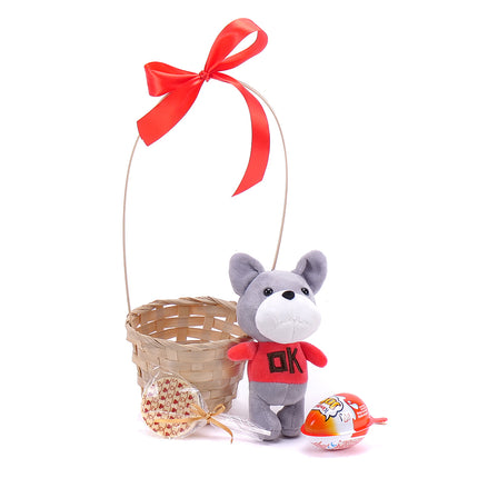 Dárkový proutěný koš pejsek červená mašle