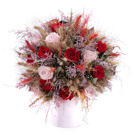 Irigo sušená kytice preparované červené a růžové růže