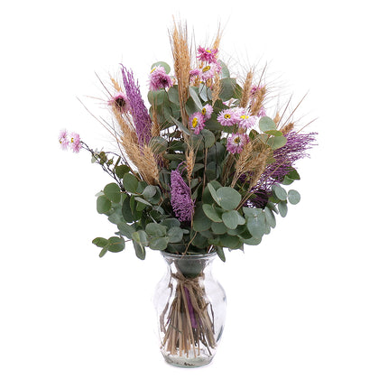 DIY kytice - Eucalyptus Cinerea, klasy a fialové slaměnky ve váze