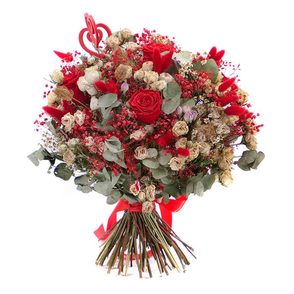 Irigo sušená kytice trsové růže a preparované červené růže srdíčka