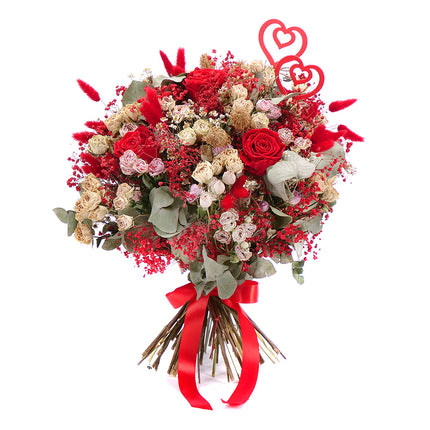 Irigo sušená kytice trsové růže a preparované červené růže srdíčka