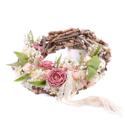 Irigo dřevěný věnec růžové a meruňkové květiny