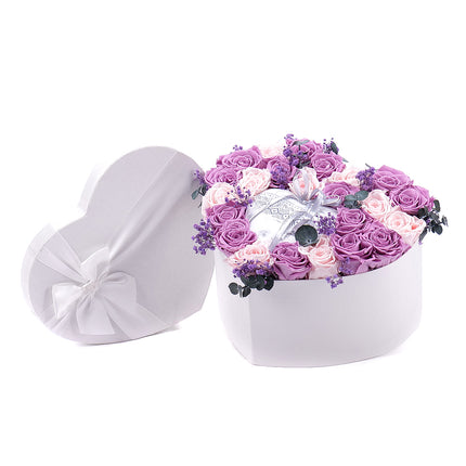 In eterno bílé srdce "L" růžové a fialové růže se srdcem