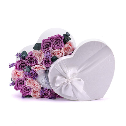In eterno bílé srdce "L" růžové a fialové růže se srdcem