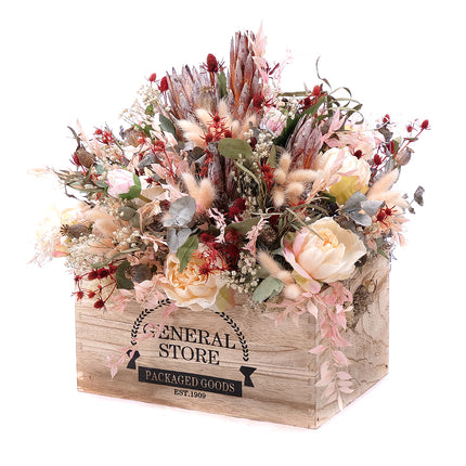 Irigo dřevěný box růžové a krémové květiny