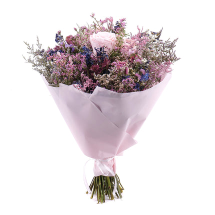 Irigo sušená kytice preparované růže Monalisa pink champagne Freixenet a čokoláda