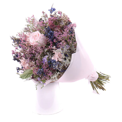 Irigo sušená kytice preparované růže Monalisa pink champagne Freixenet a čokoláda