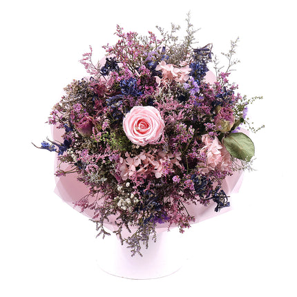 Irigo sušená kytice preparované růže Monalisa pink champagne Freixenet a čokoláda