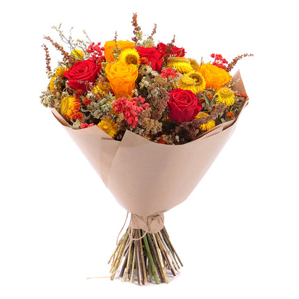 Irigo sušená kytice preparované červené a oranžové růže