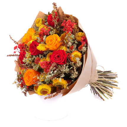 Irigo sušená kytice preparované červené a oranžové růže