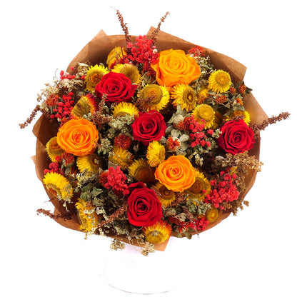 Irigo sušená kytice preparované červené a oranžové růže