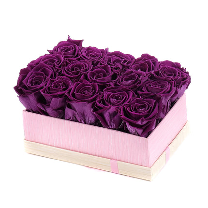 In eterno růžový box "S" obdélník 15 růží royal purpel