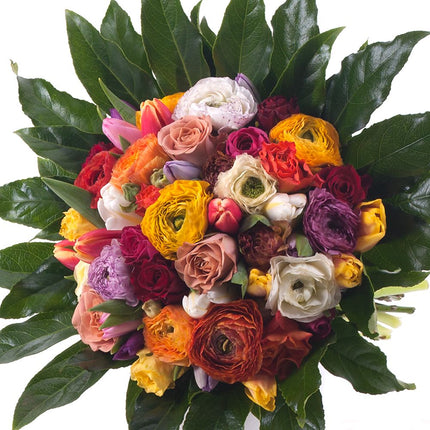 Perla farebné ruže,tulipány a ranunculusy