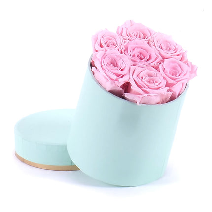In eterno zelený okrúhly box 7 ružových ruží
