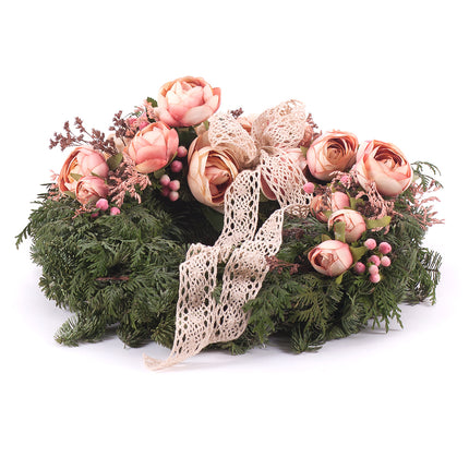 Irigo čačinový veniec ružové kvety stuha