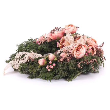 Irigo čačinový veniec ružové kvety stuha