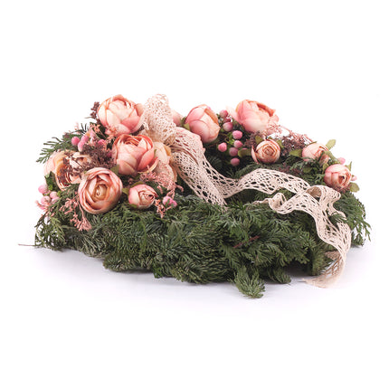 Irigo čačinový veniec ružové kvety stuha